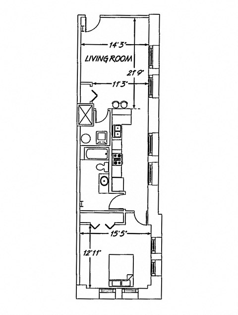 Floor plan for 1 bed, 1 bath, 766 sqft